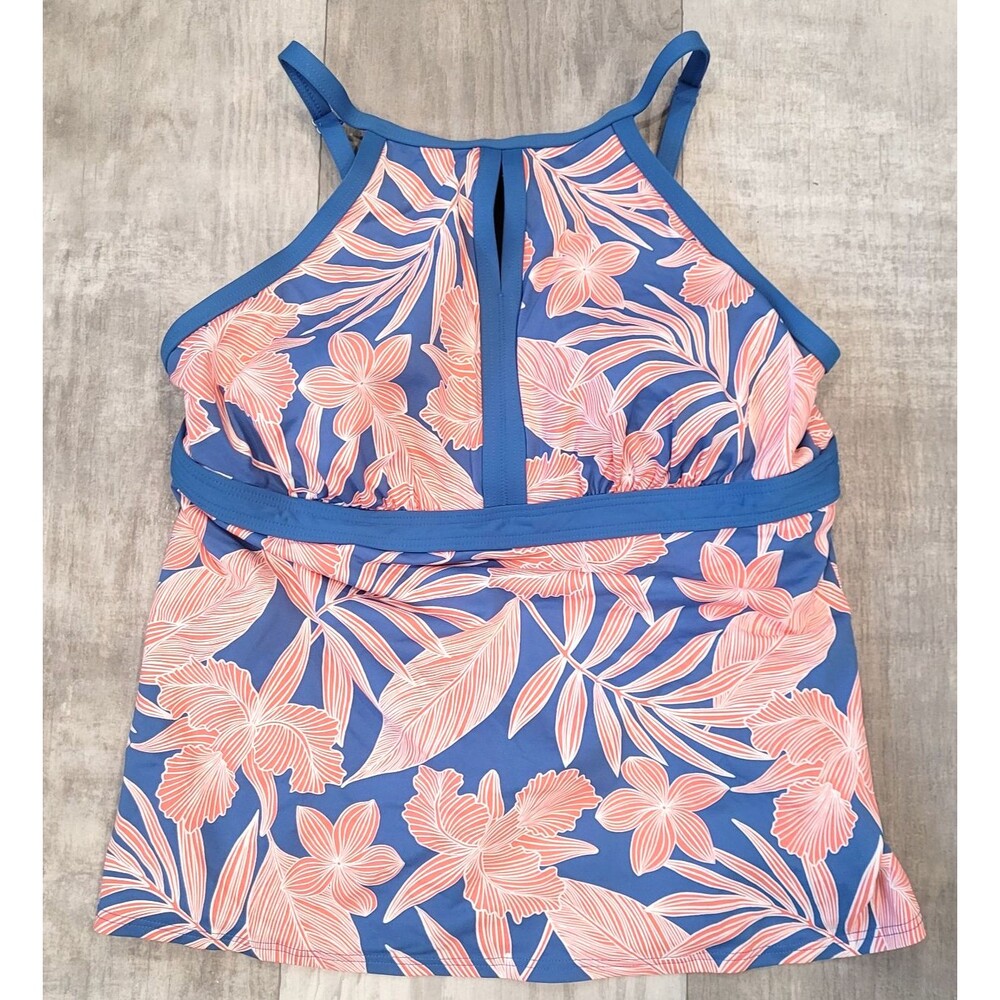 Lands End Tankini Top Swimsuit Tummy Control Size 14 Blue Floral Keyhole Neck